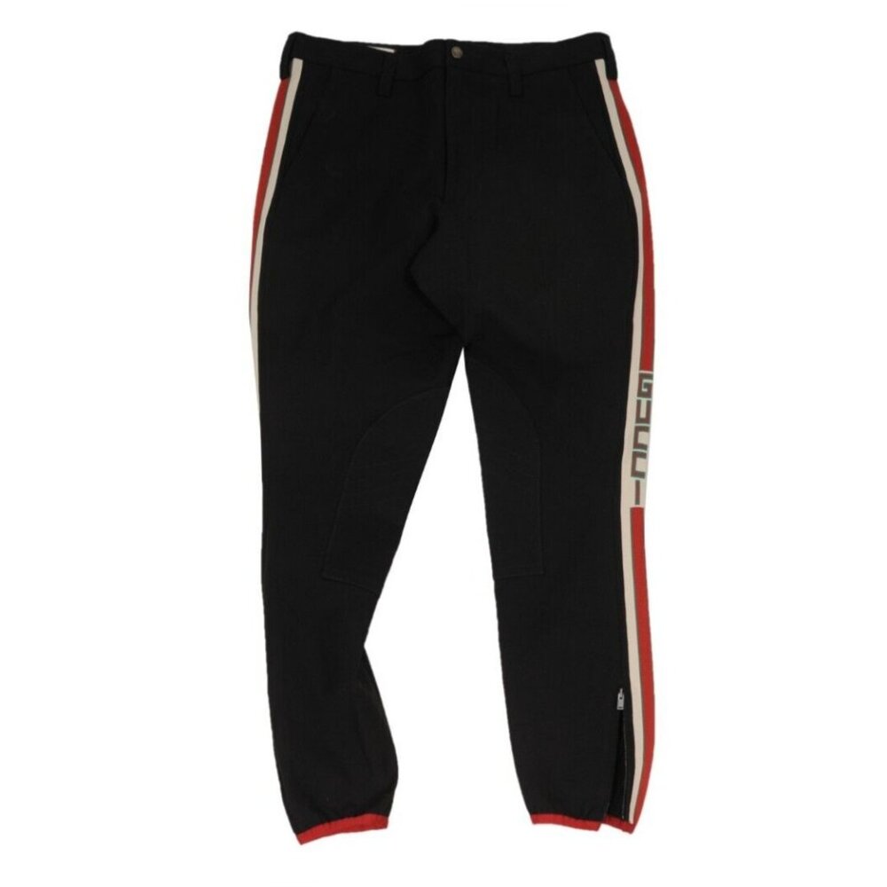Gucci Men Side Stripe Logo Pants Large IT 50 Black Stretch Cotton Trousers